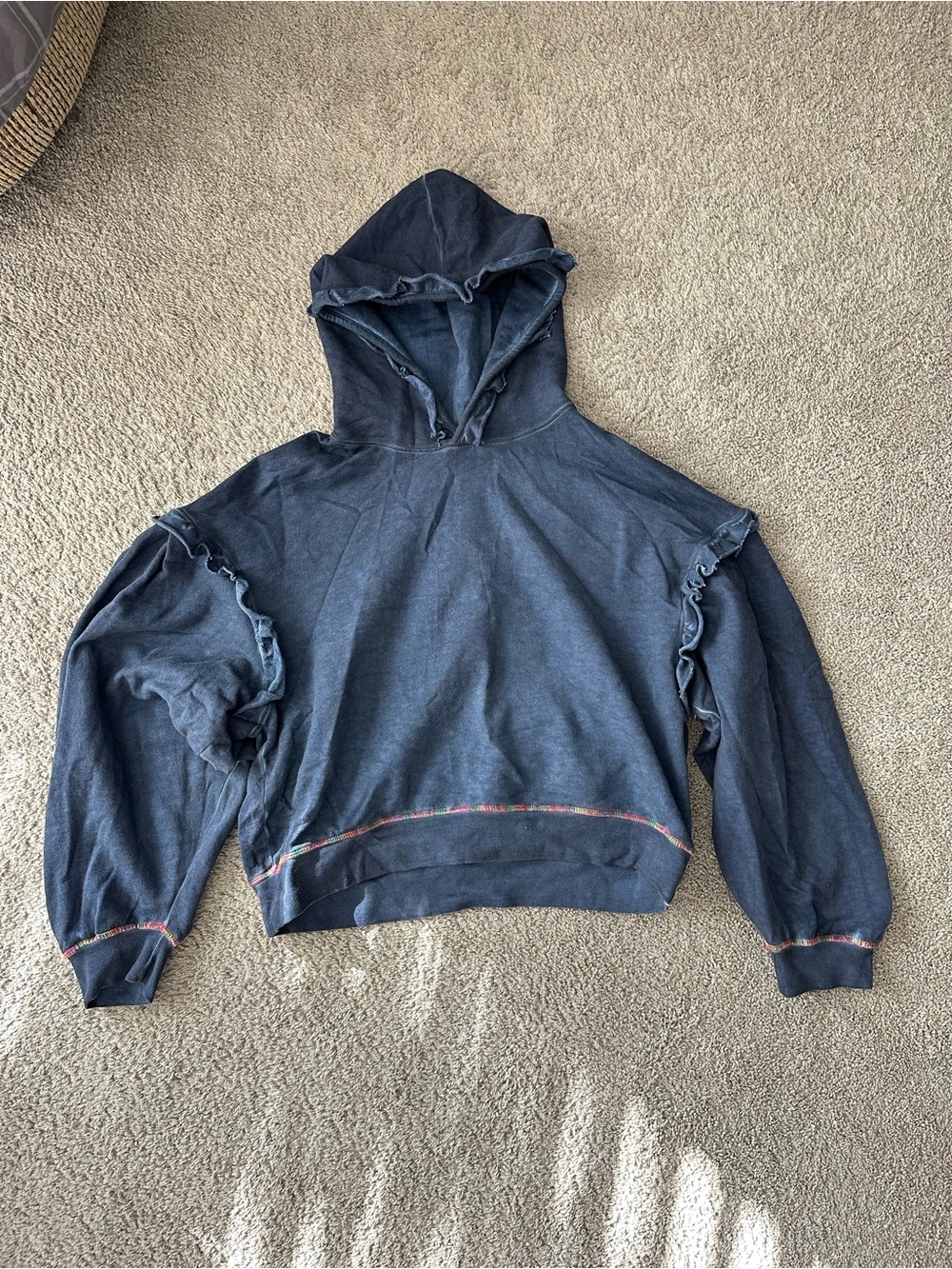 Something Navy Cropped Navy Ruffle-Trim Hooded Sweater w/ light Acid Wash - XXL